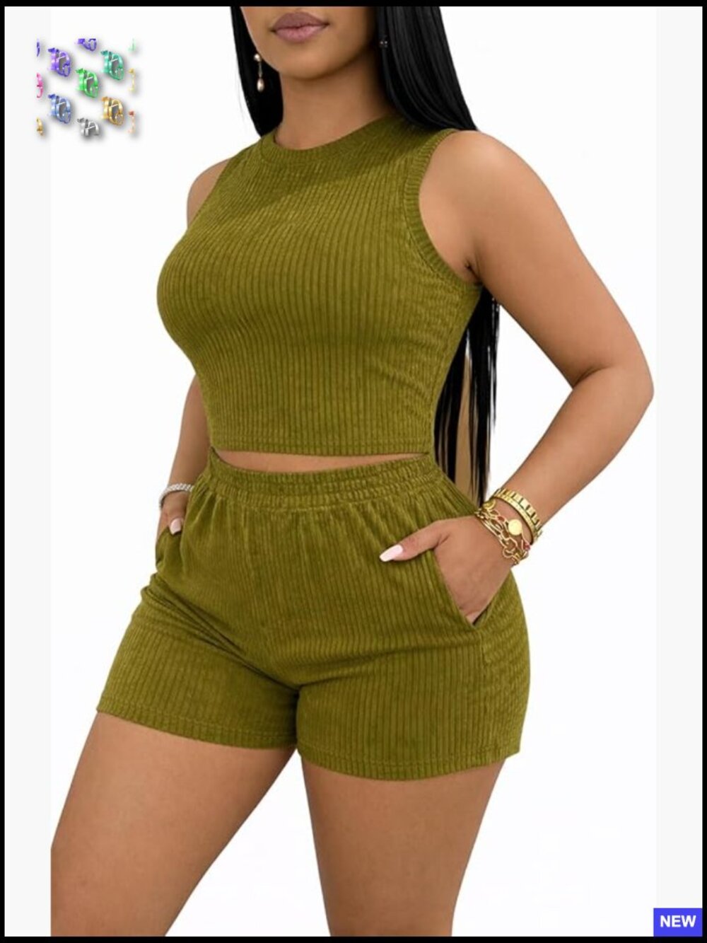 Ribbed Knit Crop Tank Top High Waist Bike Shorts Set Stretchy Summer Outfit